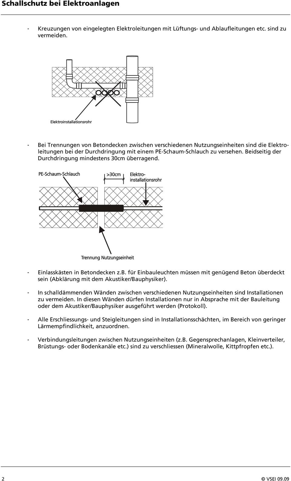 Beidseitig der Durchdringung mindestens 30cm überragend. Einlasskästen in Betondecken z.b. für Einbauleuchten müssen mit genügend Beton überdeckt sein (Abklärung mit dem Akustiker/Bauphysiker).