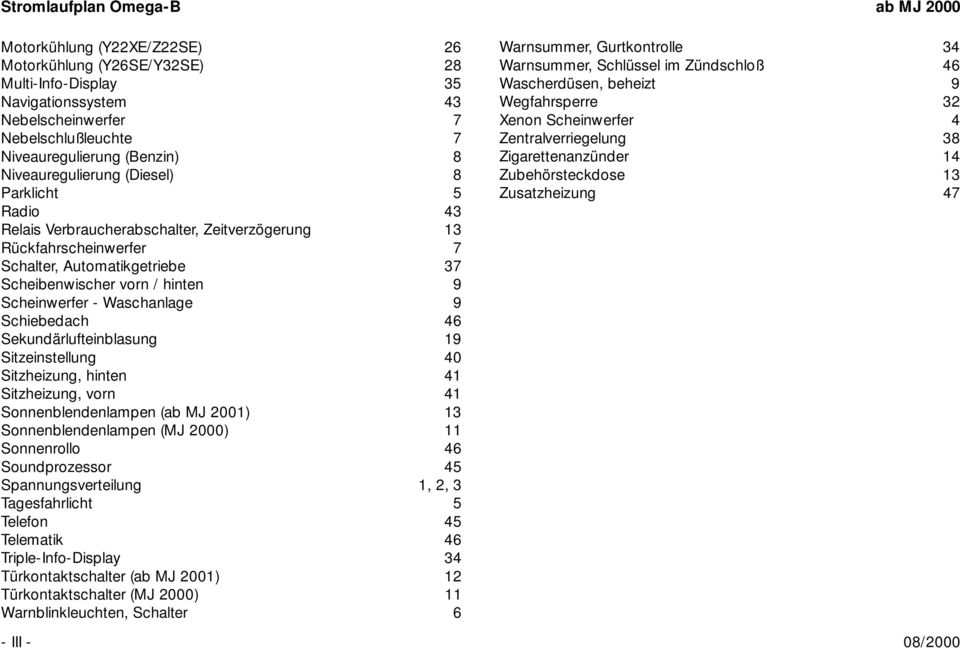 46 Sekundärlufteinblasung 19 Sitzeinstellung 40 Sitzheizung, hinten 41 Sitzheizung, vorn 41 Sonnenblendenlampen (ab MJ 2001) 13 Sonnenblendenlampen (MJ 2000) 11 Sonnenrollo 46 Soundprozessor 45