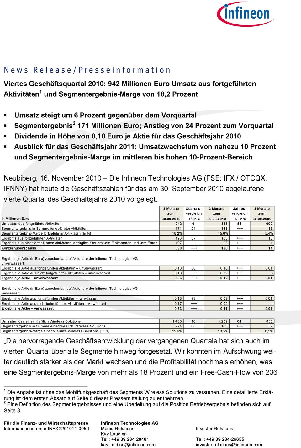 Prozent und Segmentergebnis-Marge im mittleren bis hohen 10-Prozent-Bereich Neubiberg, 16. November 2010 Die (FSE: IFX / OTCQX: IFNNY) hat heute die Geschäftszahlen für das am 30.