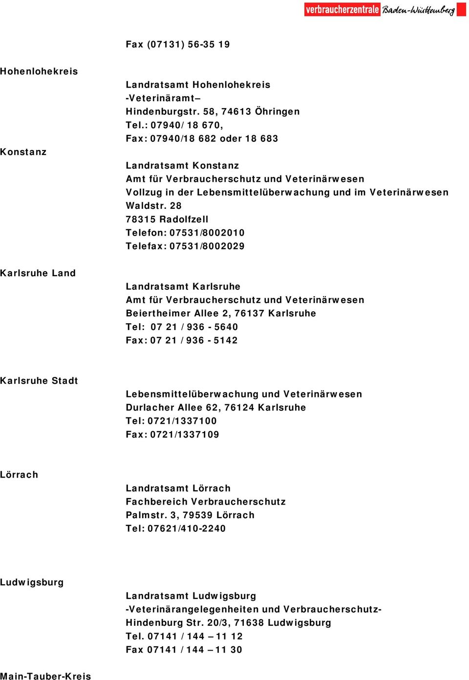 28 78315 Radolfzell Telefon: 07531/8002010 Telefax: 07531/8002029 Karlsruhe Land Landratsamt Karlsruhe Amt für Verbraucherschutz und Veterinärwesen Beiertheimer Allee 2, 76137 Karlsruhe Tel: 07 21 /