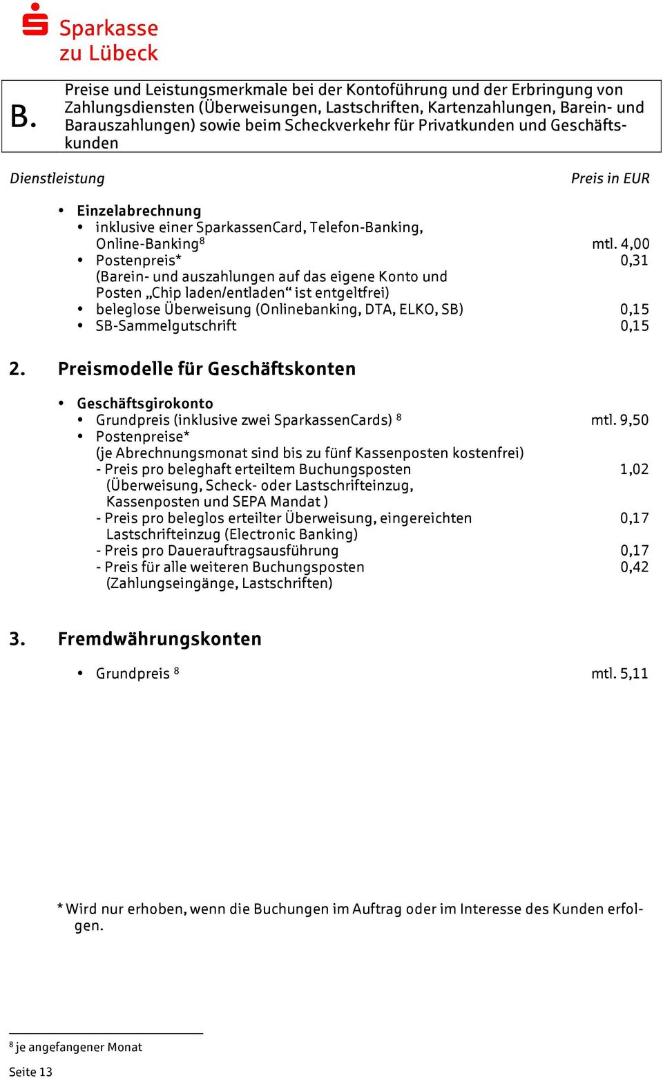 0,15 2. Preismodelle für Geschäftskonten Geschäftsgirokonto Grundpreis (inklusive zwei SparkassenCards) 8 mtl.