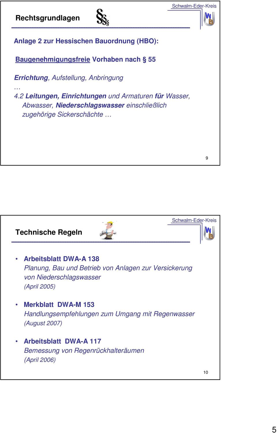 Regeln Arbeitsblatt DWA-A 138 Planung, Bau und Betrieb von Anlagen zur Versickerung von Niederschlagswasser (April 2005) Merkblatt DWA-M