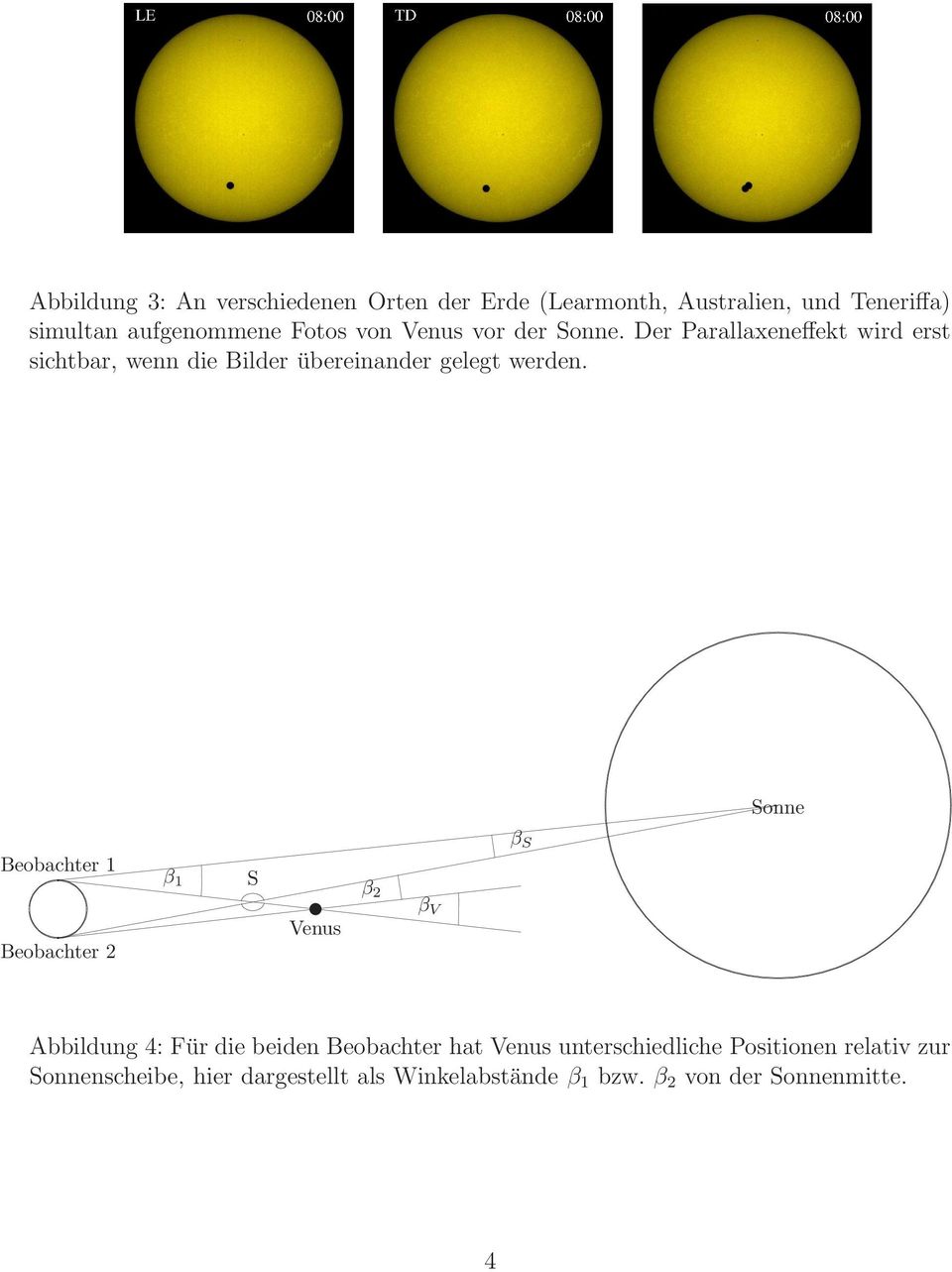 Sonne Beobachter 1 Beobachter 2 β 1 S Venus β 2 β V β S Abbildung 4: Für die beiden Beobachter hat Venus