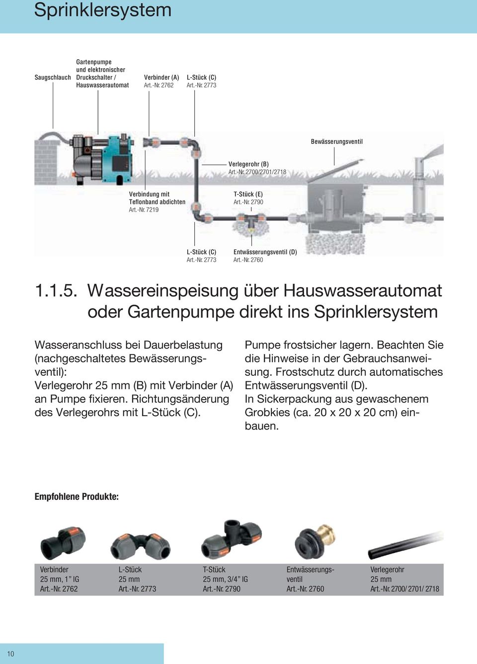 Wassereinspeisung über Hauswasserautomat oder Gartenpumpe direkt ins Sprinklersystem Wasseranschluss bei Dauerbelastung (nachgeschaltetes Bewässerungsventil): Verlegerohr 5 mm (B) mit Verbinder (A)