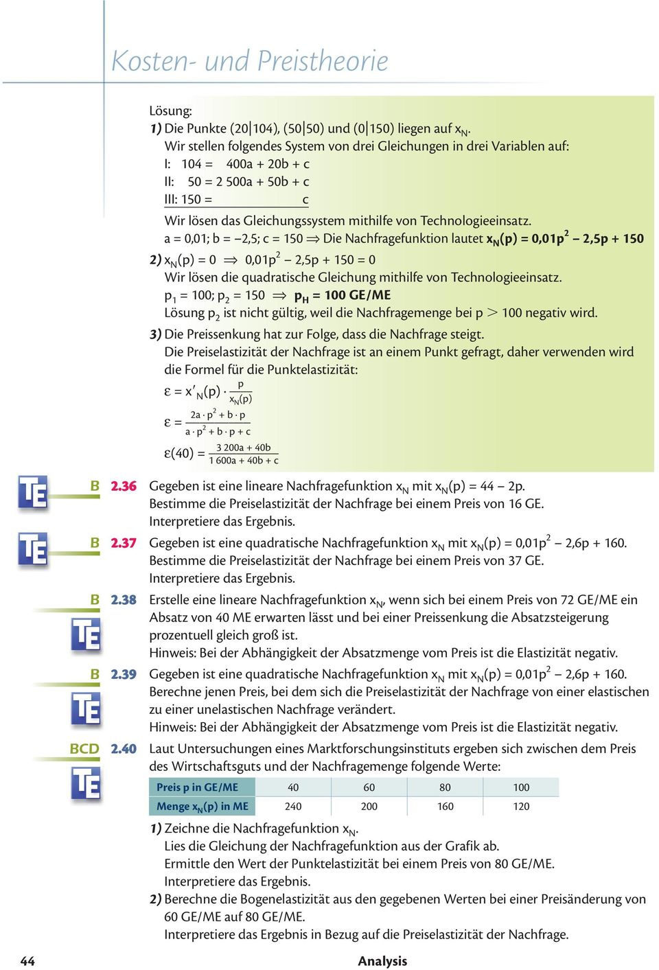 a =,1; b = 2,5; c = 15 Die Nachfragefunktion lautet N (p) =,1p 2 2,5p + 15 2) N (p) =,1p 2 2,5p + 15 = Wir lösen die quadratische Gleichung mithilfe von Technologieeinsatz.