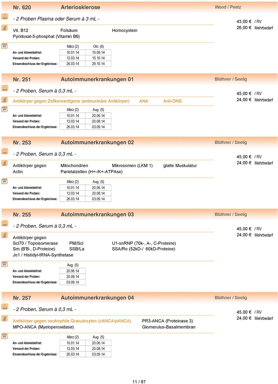 251 Autoimmunerkrankungen 01 Blüthner / Seelig - 2 Proben, Serum à 0,3 ml - Antikörper gegen Zellkernantigene (antinucleäre Antikörper) ANA Anti-DNS 45,00 / RV 24,00 Mehrbedarf März (2) Aug.