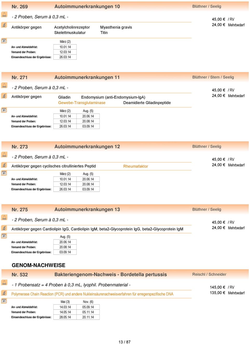 271 Autoimmunerkrankungen 11 Blüthner / Stern / Seelig - 2 Proben, Serum à 0,3 ml - Antikörper gegen Gliadin Endomysium (anti-endomysium-iga) Gewebe-Transglutaminase Deamidierte Gliadinpeptide 45,00