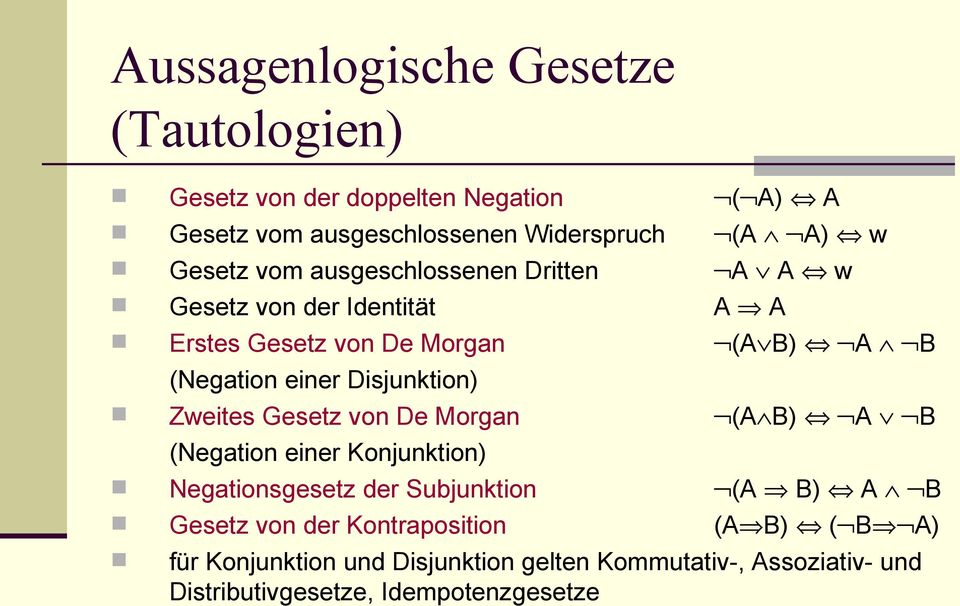 Disjunktion) Zeites Gesetz von De Morgan (A B) A B (Negation einer Konjunktion) Negationsgesetz der Subjunktion (A B) A B Gesetz
