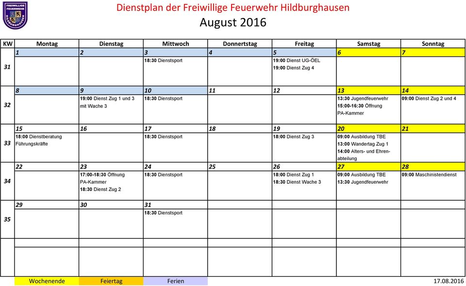 Dienstberatung 18:00 Dienst Zug 3 09:00 Ausbildung TBE 13:00 Wandertag Zug 1 22 23 24 25 26 27 28 17:00-18:30