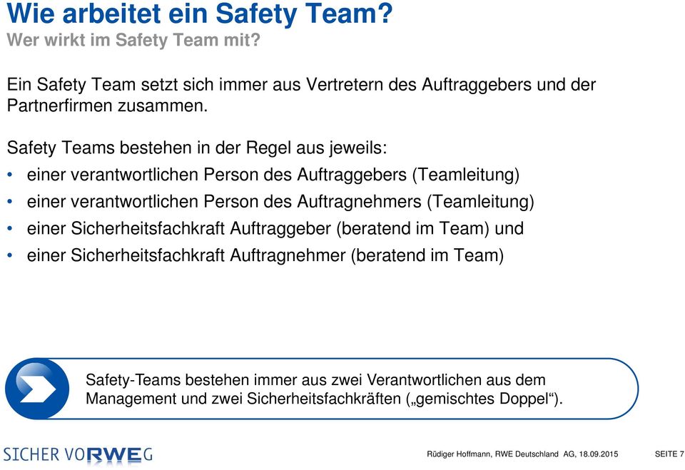 Safety Teams bestehen in der Regel aus jeweils: einer verantwortlichen Person des Auftraggebers (Teamleitung) einer verantwortlichen Person des
