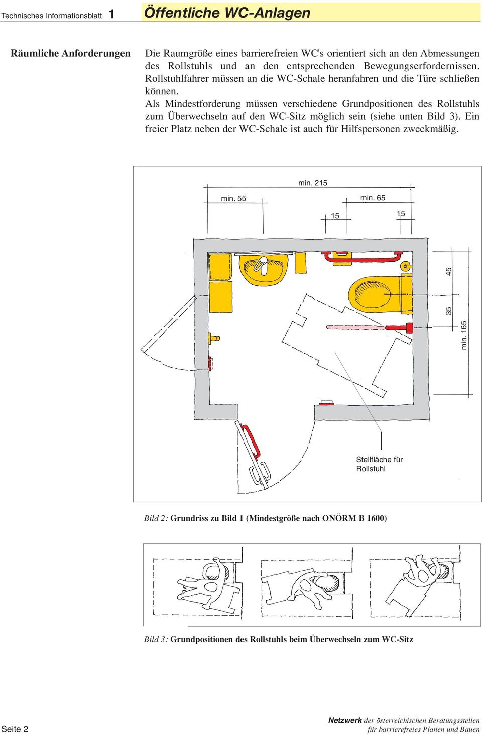 Als Mindestforderung müssen verschiedene Grundpositionen des Rollstuhls zum Überwechseln auf den WC-Sitz möglich sein (siehe unten ild 3).