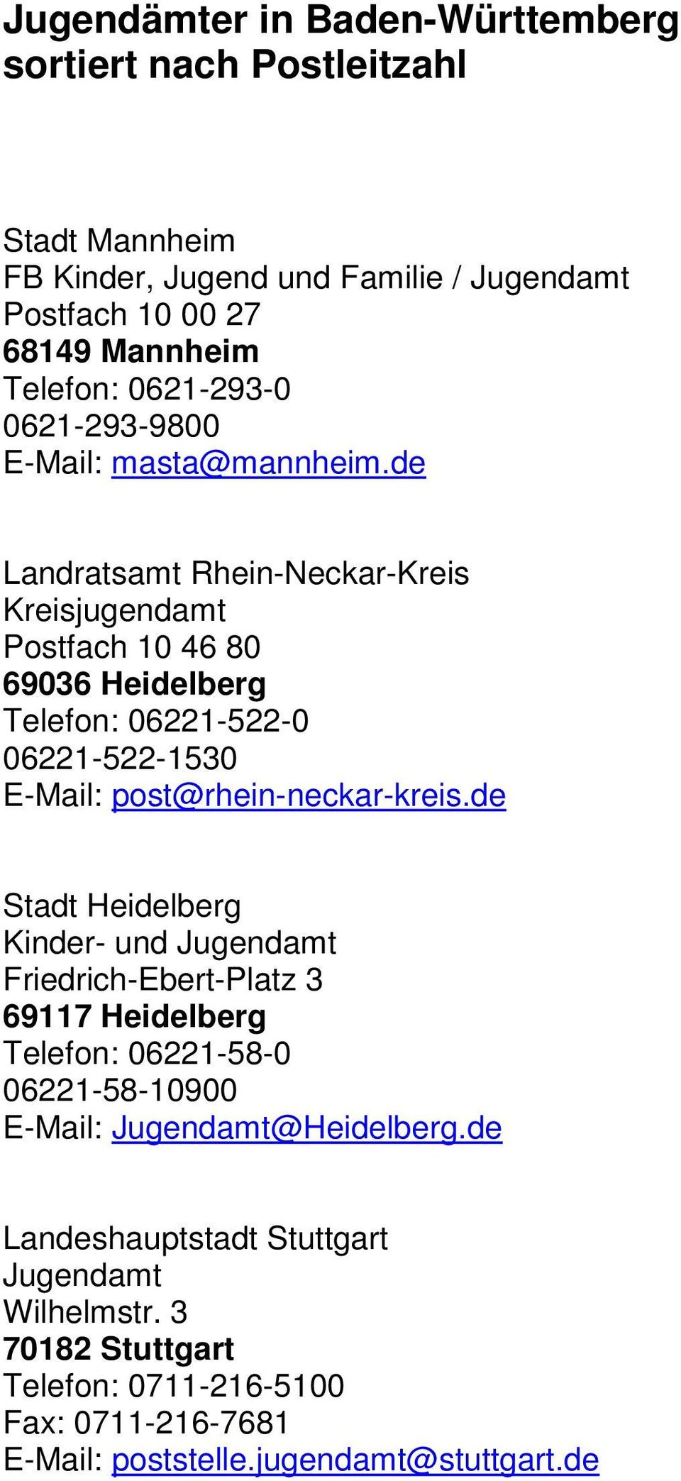 de Landratsamt Rhein-Neckar-Kreis 10 46 80 69036 Heidelberg Telefon: 06221-522-0 06221-522-1530 E-Mail: post@rhein-neckar-kreis.
