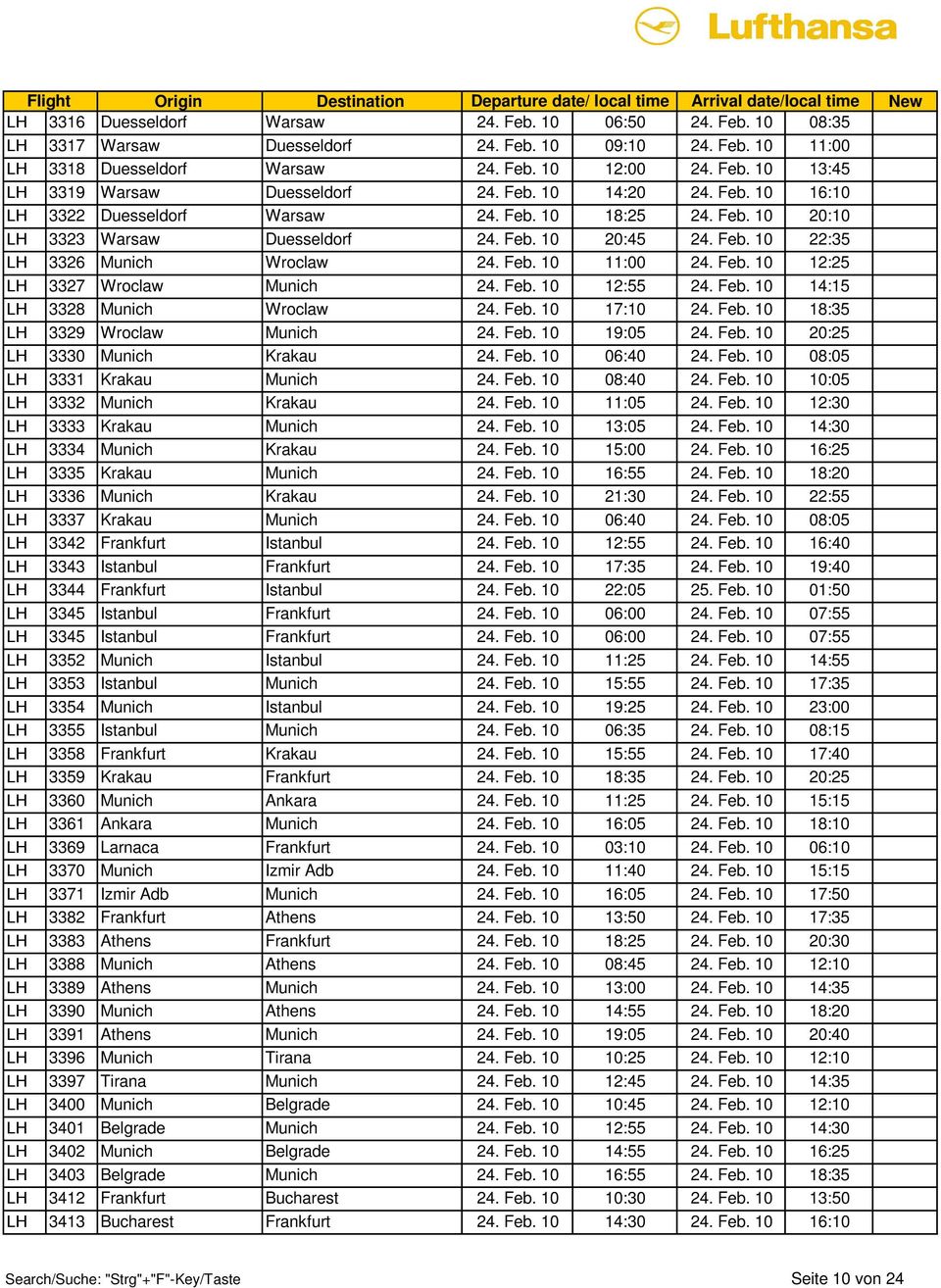 Feb. 10 12:25 LH3327 Wroclaw Munich 24. Feb. 10 12:55 24. Feb. 10 14:15 LH3328 Munich Wroclaw 24. Feb. 10 17:10 24. Feb. 10 18:35 LH3329 Wroclaw Munich 24. Feb. 10 19:05 24. Feb. 10 20:25 LH3330 Munich Krakau 24.