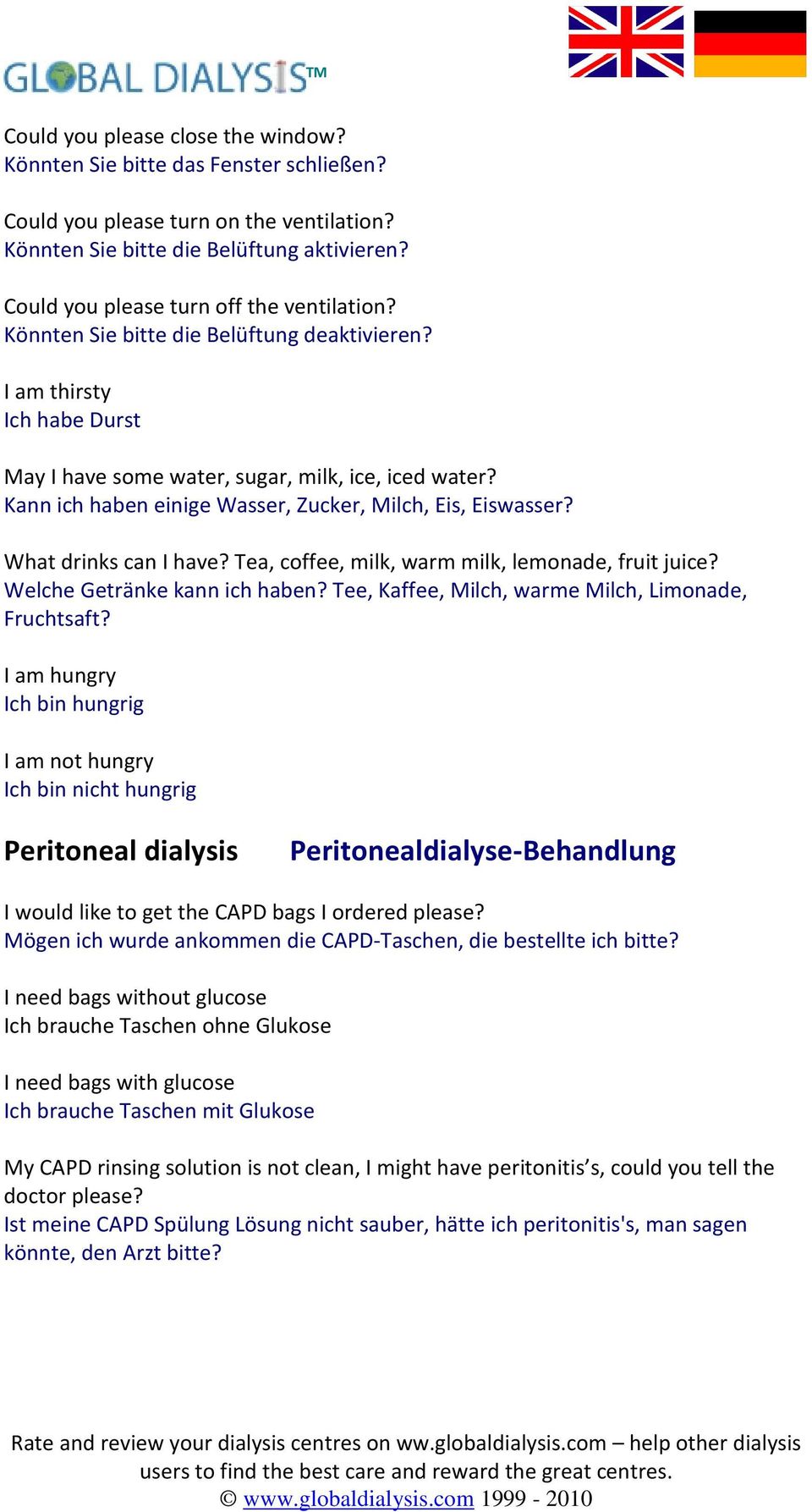 Kann ich haben einige Wasser, Zucker, Milch, Eis, Eiswasser? What drinks can I have? Tea, coffee, milk, warm milk, lemonade, fruit juice? Welche Getränke kann ich haben?