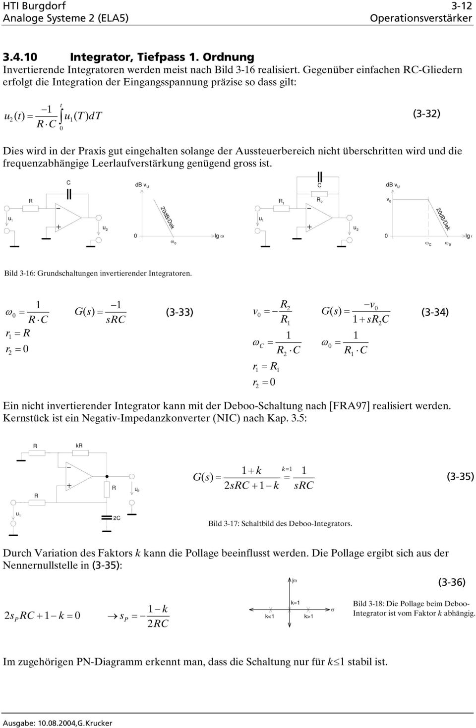 überschritten wird nd die freqenzabhängige Leerlafverstärkng genügend gross ist. C db v U C db v U v db/dek db/dek lg ω lg ω ω ω C ω Bild 3-6: Grndschaltngen invertierender Integratoren.