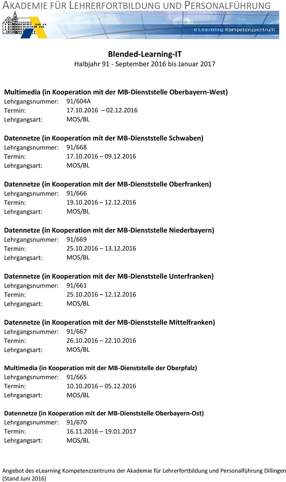 2016 /BL Datennetze (in Kooperation mit der MB-Dienststelle Oberfranken) Lehrgangsnummer: 91/666 Termin: 19.10.2016 12.