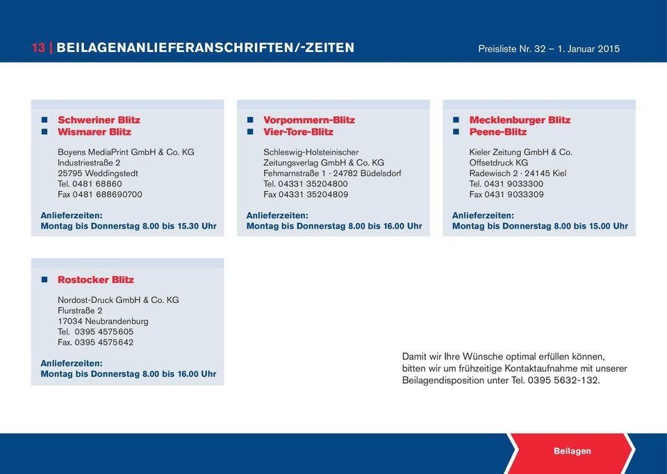 KG Fehmarnstraße 1 24782 Büdelsdorf Tel. 04331 35204800 Fax 04331 35204809 Anlieferzeiten: Montag bis Donnerstag 8.00 bis 16.00 Uhr Mecklenburger Blitz Peene-Blitz Kieler Zeitung GmbH & Co.