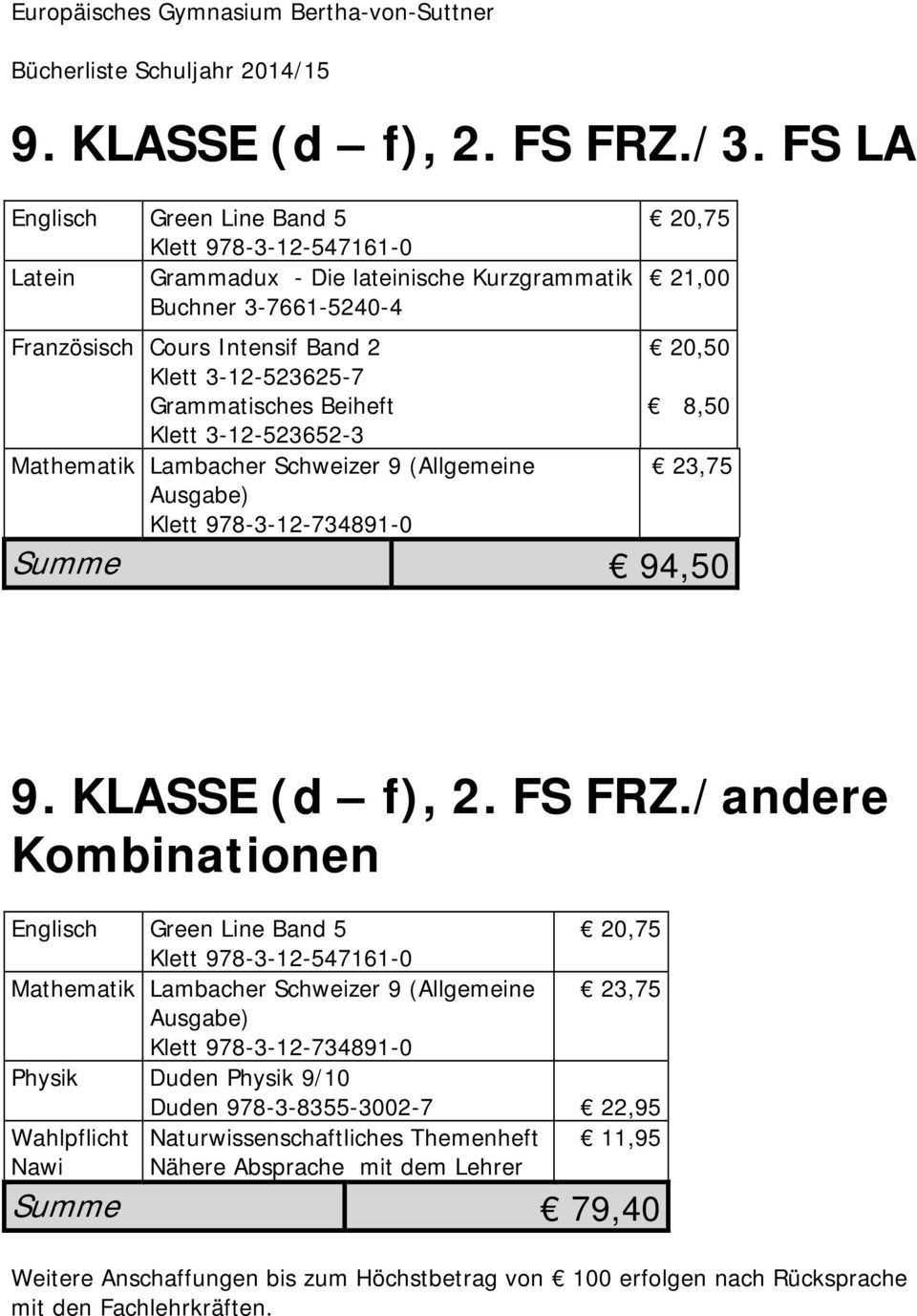 3-12-523625-7 Grammatisches Beiheft Klett 3-12-523652-3 Mathematik Lambacher Schweizer 9 (Allgemeine Klett 978-3-12-734891-0 21,00 8,50 Summe 94,50 9. KLASSE (d f), 2. FS FRZ.