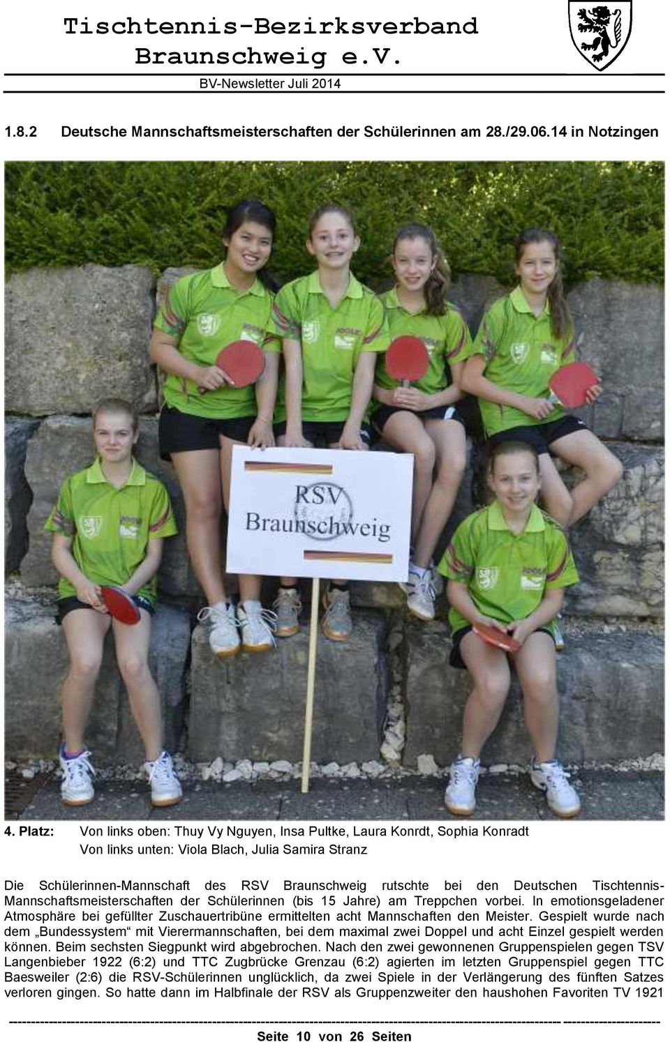 Deutschen Tischtennis- Mannschaftsmeisterschaften der Schülerinnen (bis 15 Jahre) am Treppchen vorbei.