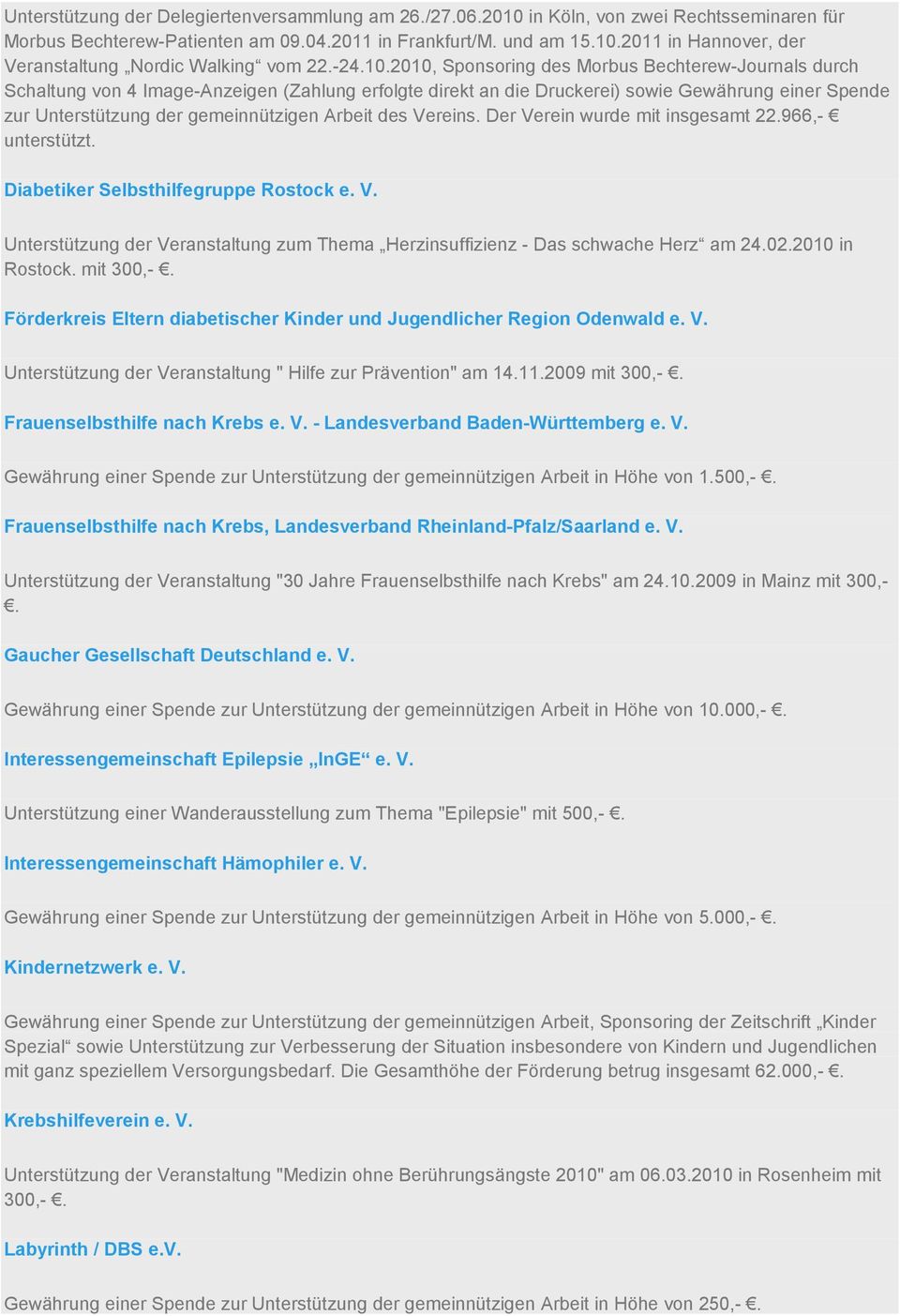 2010, Sponsoring des Morbus Bechterew-Journals durch Schaltung von 4 Image-Anzeigen (Zahlung erfolgte direkt an die Druckerei) sowie Gewährung einer Spende zur Unterstützung der gemeinnützigen Arbeit