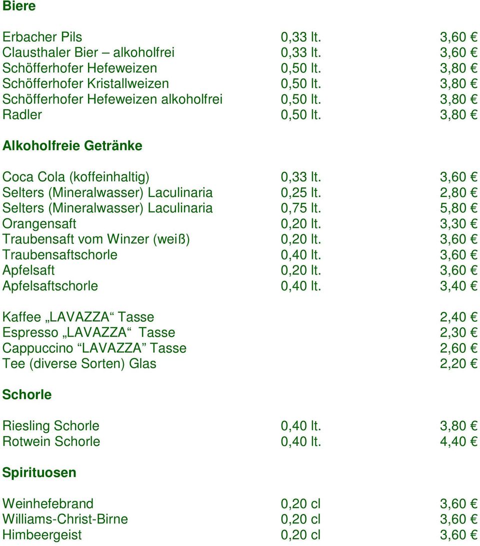 2,80 Selters (Mineralwasser) Laculinaria 0,75 lt. 5,80 Orangensaft 0,20 lt. 3,30 Traubensaft vom Winzer (weiß) 0,20 lt. 3,60 Traubensaftschorle 0,40 lt. 3,60 Apfelsaft 0,20 lt.