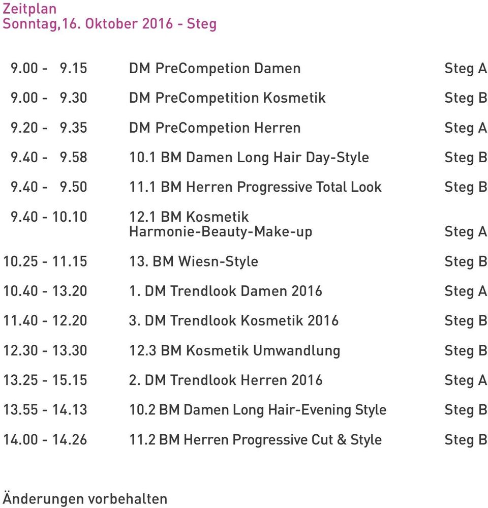 15 13. BM Wiesn-Style Steg B 10.40-13.20 1. DM Trendlook Damen 2016 Steg A 11.40-12.20 3. DM Trendlook Kosmetik 2016 Steg B 12.30-13.30 12.3 BM Kosmetik Umwandlung Steg B 13.