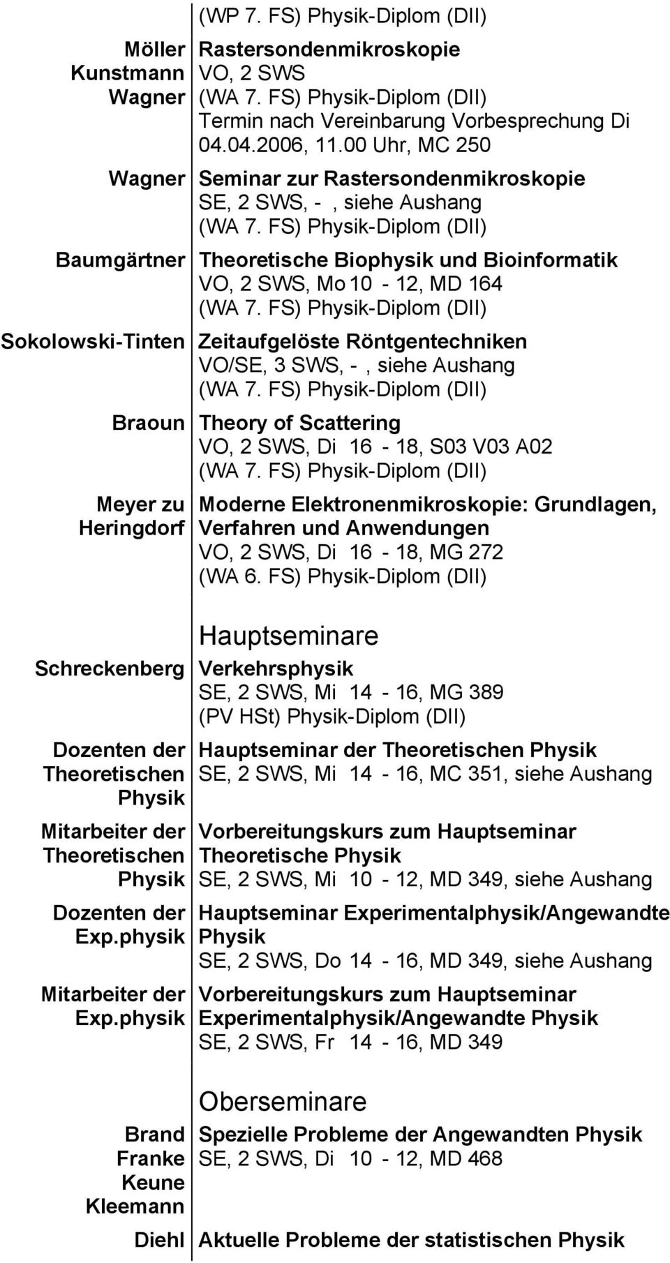 FS) -Diplom (DII) Sokolowski-Tinten Zeitaufgelöste Röntgentechniken VO/SE, 3 SWS, -, siehe Aushang (WA 7. FS) -Diplom (DII) Braoun Theory of Scattering VO, 2 SWS, Di 16-18, S03 V03 A02 (WA 7.