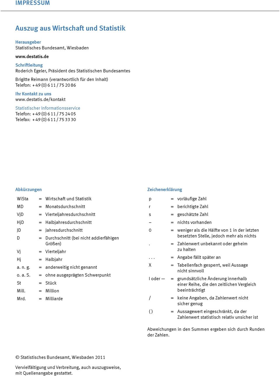 de/kontakt Statistischer Informationsservice Telefon: + 49 () 6 11 / 75 24 5 Telefax: + 49 () 6 11 / 75 33 3 Abkürzungen WiSta = Wirtschaft und Statistik MD = Monatsdurchschnitt VjD =