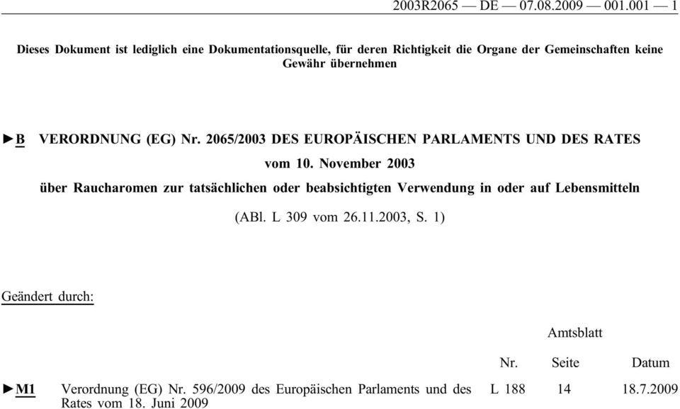 übernehmen B VERORDNUNG (EG) Nr. 2065/2003 DES EUROPÄISCHEN PARLAMENTS UND DES RATES vom 10.