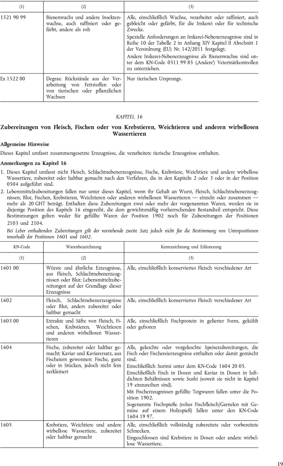 Spezielle Anforderungen an Imkerei-Nebenerzeugnisse sind in Reihe 10 der Tabelle 2 in Anhang XIV Kapitel II Abschnitt 1 der Verordnung (EU) Nr. 142/2011 festgelegt.