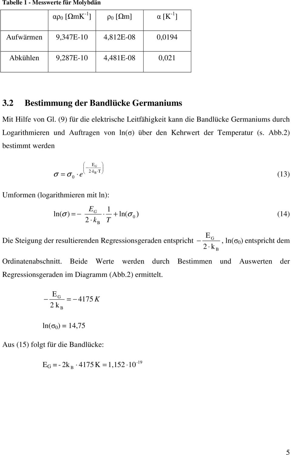 ) bestimmt werden Ε G kβ Τ σ = σ e (13) mformen (ogarithmieren mit n): E 1 n( σ ) = G + n(σ ) (14) k T Β E G Die Steigung der resutierenden Regressionsgeraden entspricht k, n(σ )