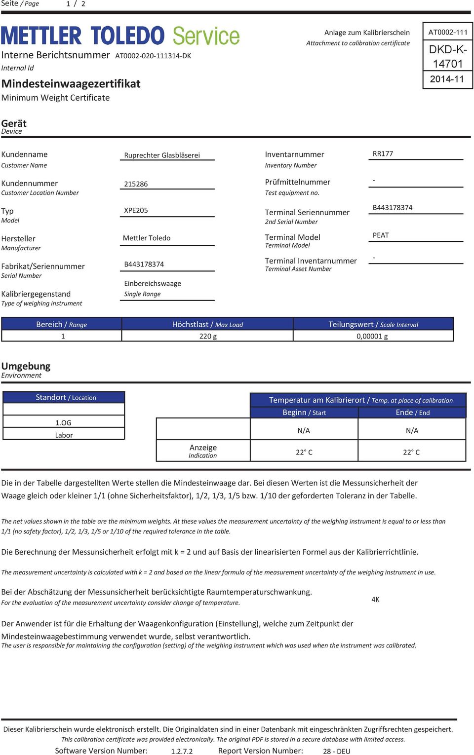 Glasbläserei XPE205 Mettler Toledo Einbereichswaage Single Range Inventarnummer Inventory Number Prüfmittelnummer Test equipment no.