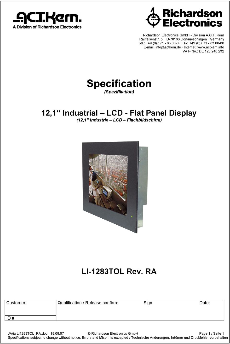 : DE 128 240 232 Specification (Spezifikation) 12,1 Industrial LCD - Flat Panel Display (12,1 Industrie LCD