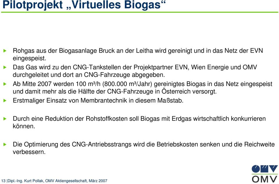 000 m³/jahr) gereinigtes Biogas in das Netz eingespeist und damit mehr als die Hälfte der CNG-Fahrzeuge in Österreich versorgt. Erstmaliger Einsatz von Membrantechnik in diesem Maßstab.