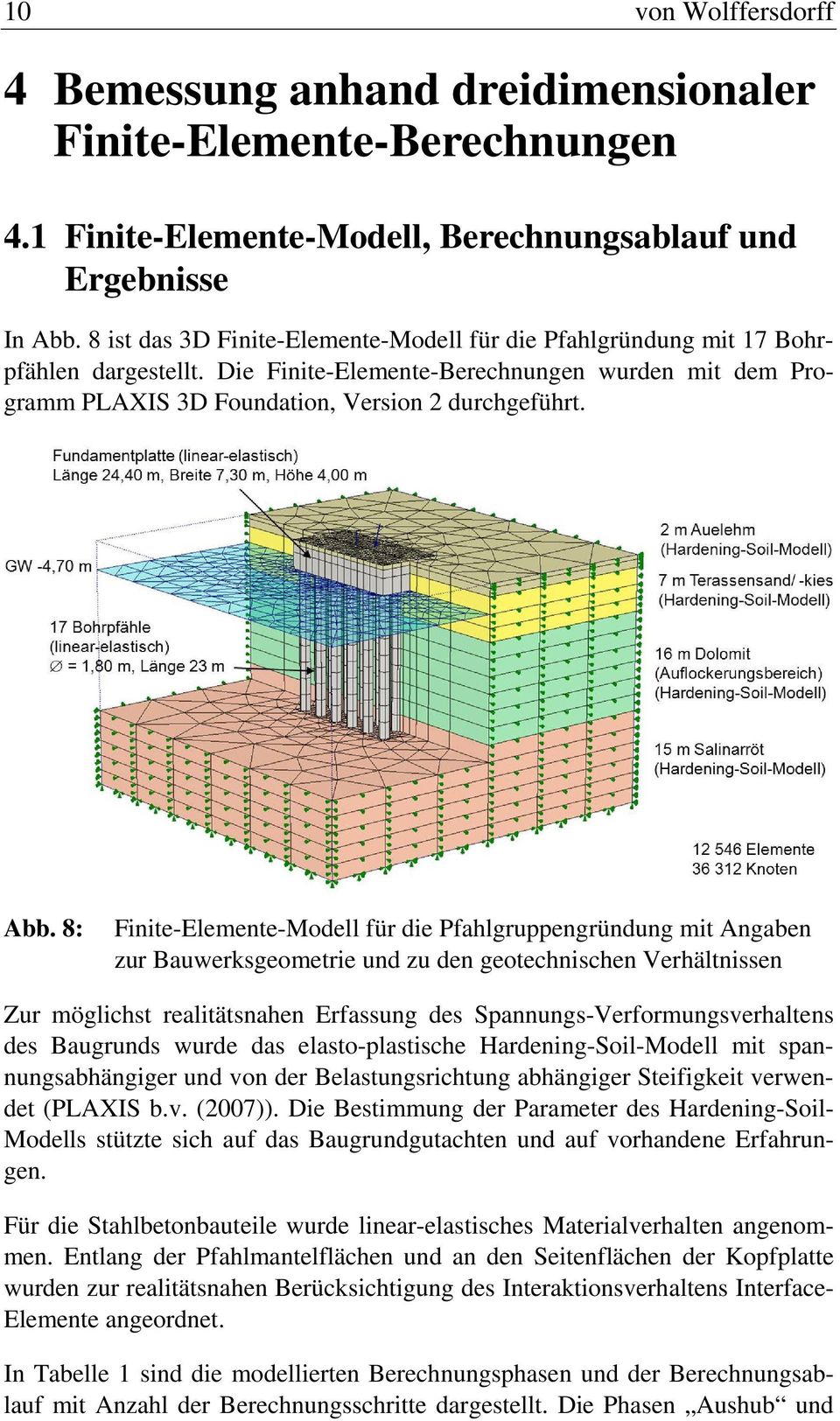 8: Finite-Elemente-Modell für die Pfahlgruppengründung mit Angaben zur Bauwerksgeometrie und zu den geotechnischen Verhältnissen Zur möglichst realitätsnahen Erfassung des