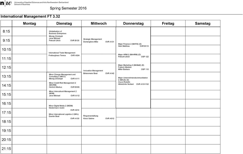 (MAFiE) (E) Härri Matthias OVR B115 Major 2 (MA) (D) Pekruhl Ulrich OSP 122 Minor Change Management and Consulting 2 (MICC) Minnig Christoph OVR A111 Minor Credit Risk Management 2 (MICRM) Hertrich