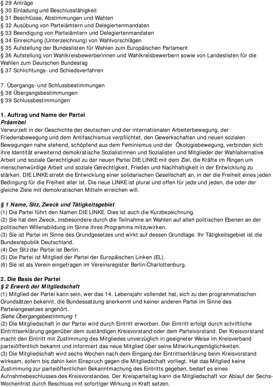 Landeslisten für die Wahlen zum Deutschen Bundestag 37 Schlichtungs- und Schiedsverfahren 7. Übergangs- und Schlussbestimmungen 38 Übergangsbestimmungen 39 Schlussbestimmungen 1.
