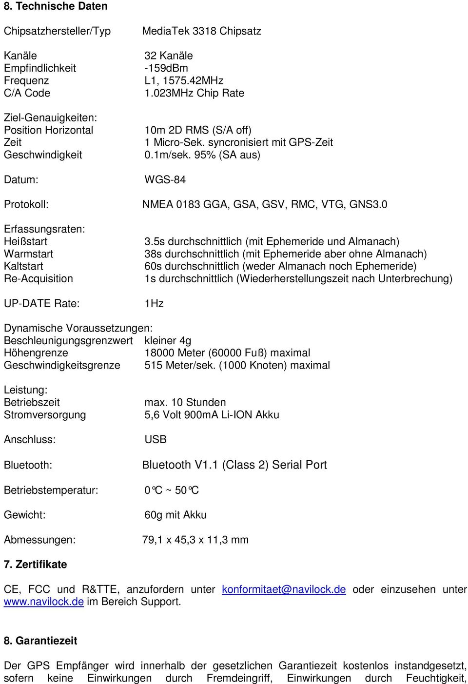95% (SA aus) WGS-84 NMEA 0183 GGA, GSA, GSV, RMC, VTG, GNS3.0 3.