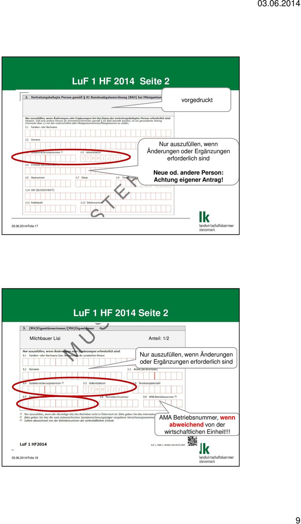 2014/Folie 17 LuF 1 HF 2014 Seite 2 Milchbauer Lisi Anteil: 1/2 Nur auszufüllen, wenn