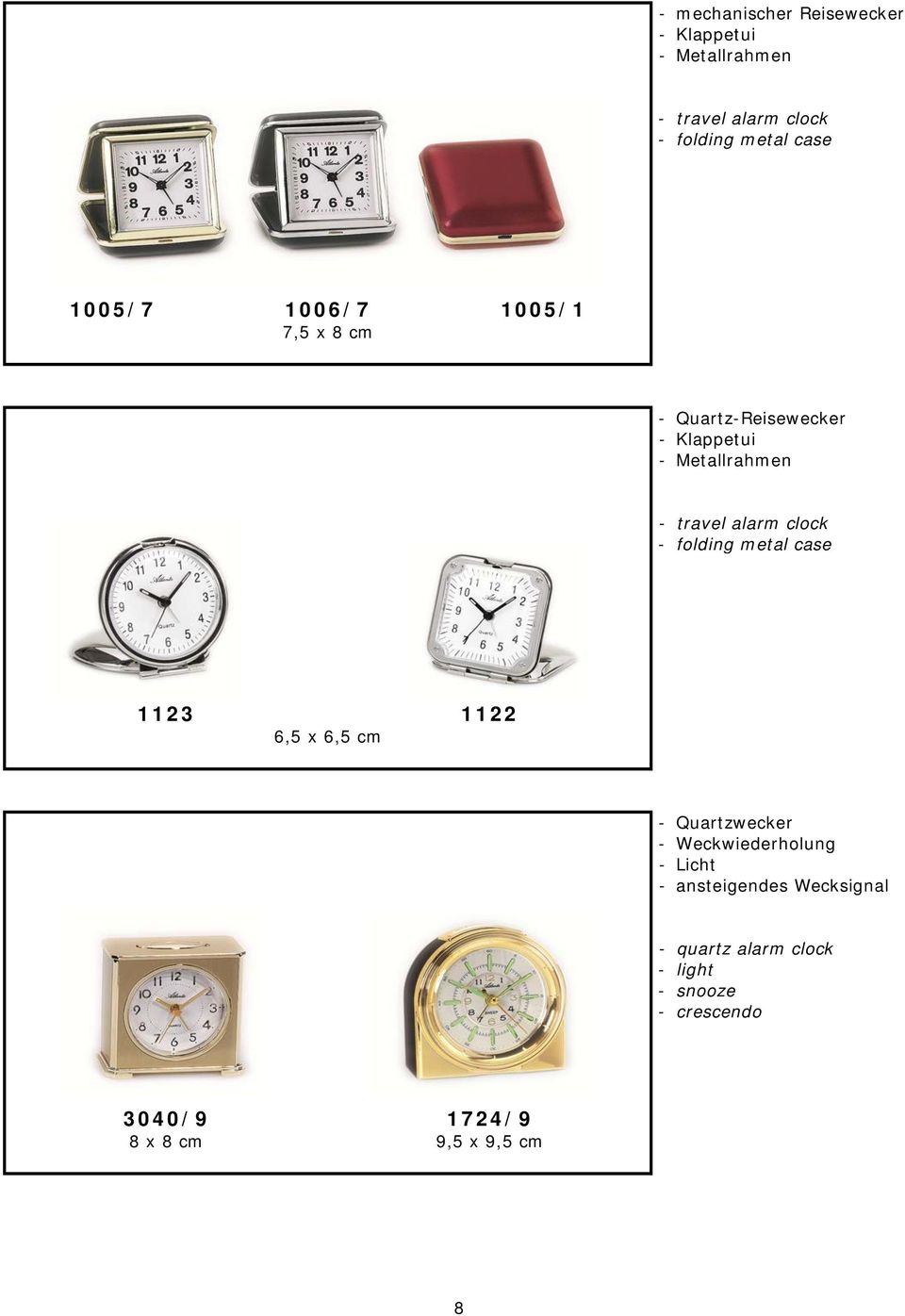 clock - folding metal case 1123 1122 6,5 x 6,5 cm - Quartzwecker - Weckwiederholung - Licht -