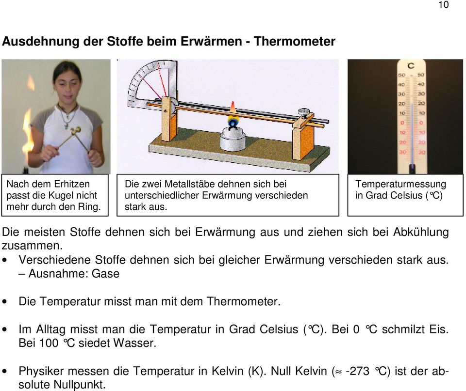 Temperaturmessung in Grad Celsius ( C) Die meisten Stoffe dehnen sich bei Erwärmung aus und ziehen sich bei Abkühlung zusammen.