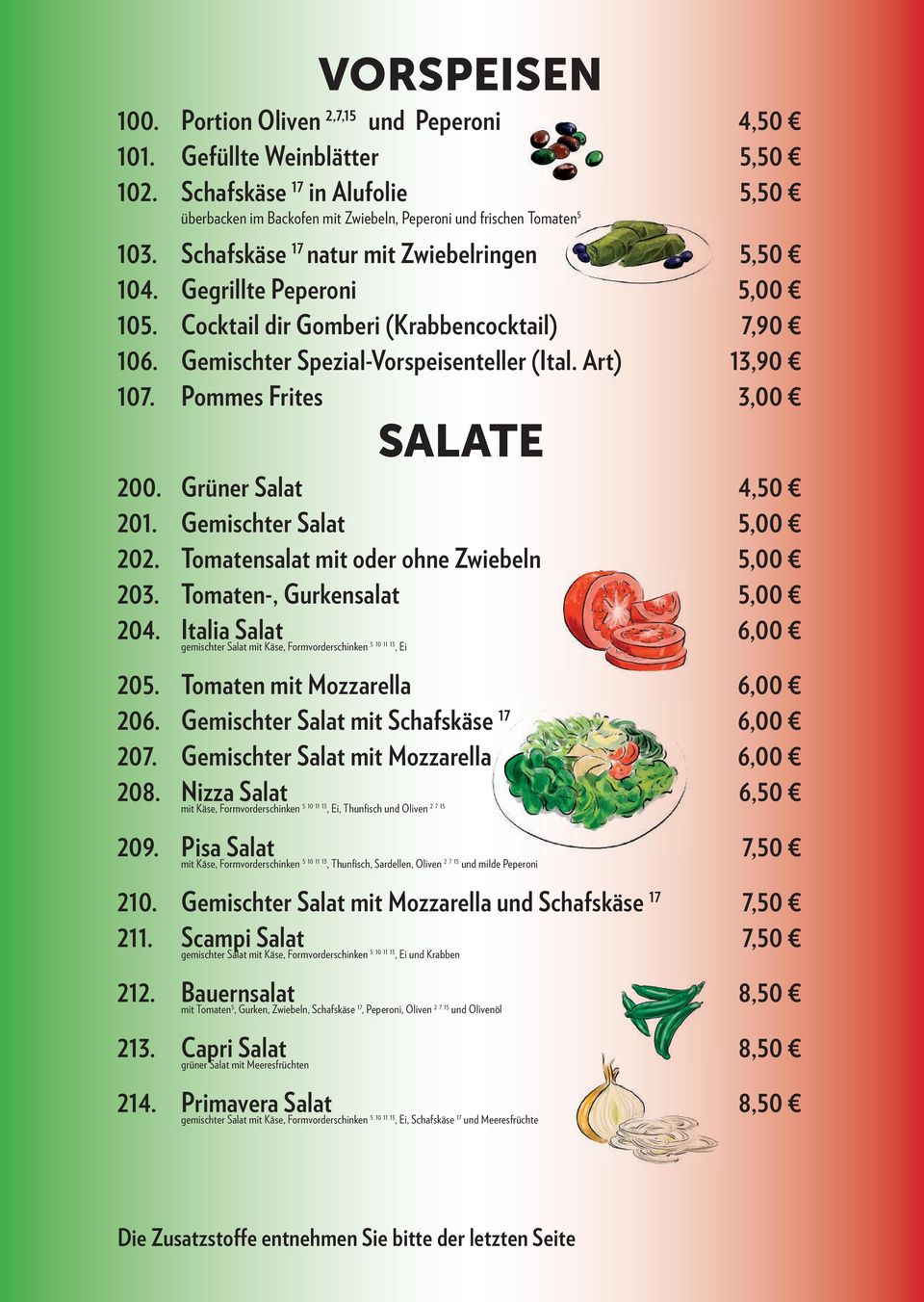 Pommes frites 3,00 SAlATe 200. grüner salat 4,50 201. gemischter salat 5,00 202. tomatensalat mit oder ohne Zwiebeln 5,00 203. tomaten-, gurkensalat 5,00 204.