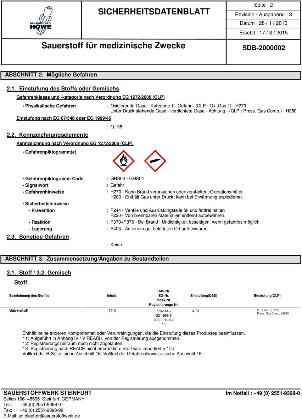 Gas 1) - H270 Unter Druck stehende Gase - verdichtete Gase - Achtung - (CLP : Press. Gas Comp.) - H280 : O; R8 Kennzeichnung nach Verordnung EG 1272/2008 (CLP).