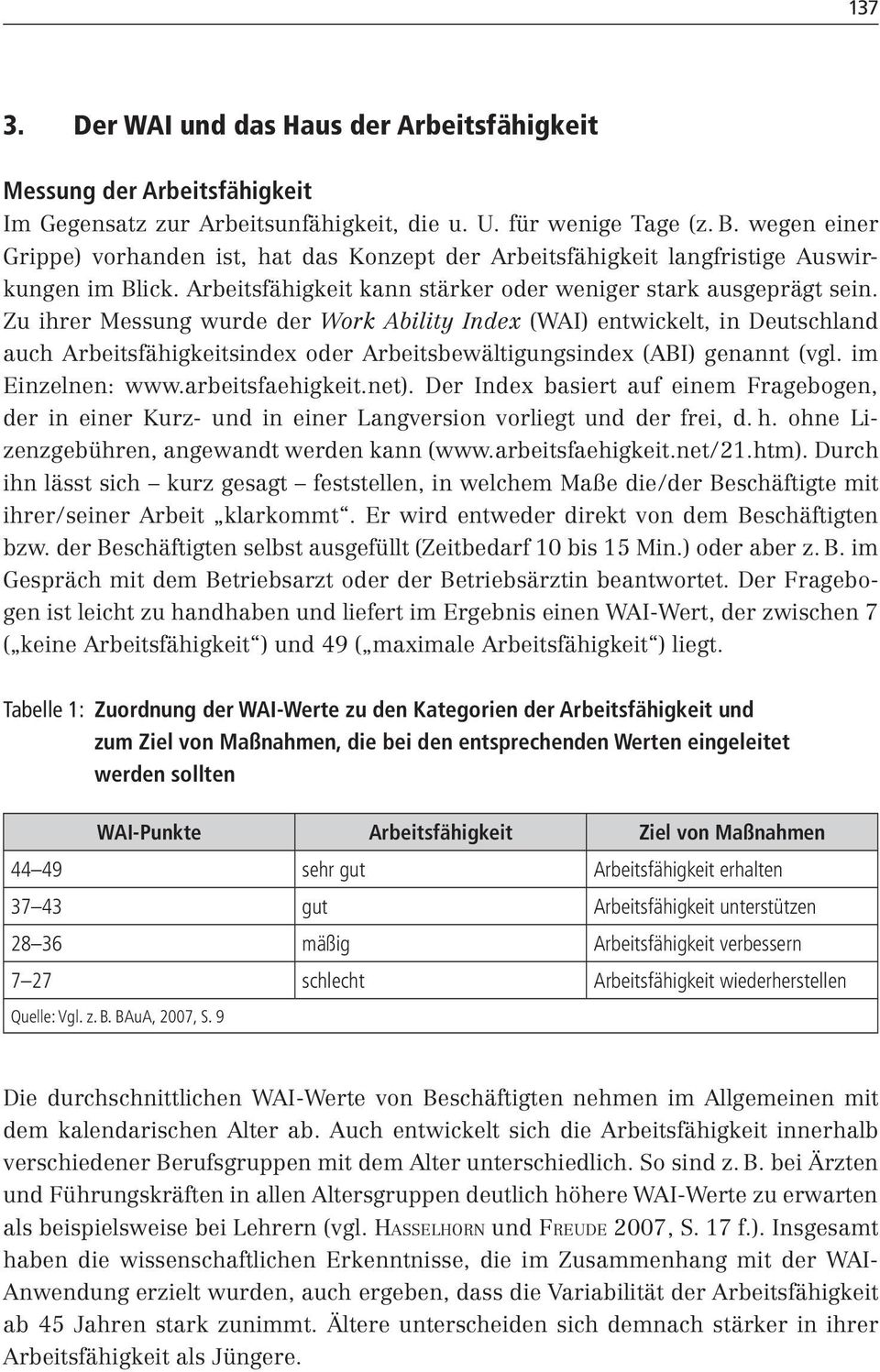 Zu ihrer Messung wurde der Work Ability Index (WAI) entwickelt, in Deutschland auch Arbeitsfähigkeitsindex oder Arbeitsbewältigungsindex (ABI) genannt (vgl. im Einzelnen: www.arbeitsfaehigkeit.net).