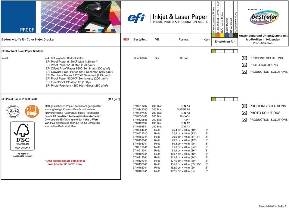 CertProof Paper 6225XF Semimatt (225 g/m²) EFI Proof Paper 5200XF Semiglossy (200 g/m²) EFI FlexoProof Glossy-Film (130µ) EFI Photo Premium 4250 High-Gloss (250 g/m²) EFI Proof Paper 9120XF Matt (120