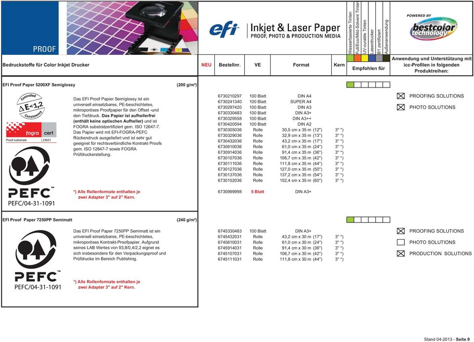 Das Papier wird mit EFI-FOGRA-PEFC Rückendruck ausgeliefert und ist sehr gut geeignet für rechtsverbindliche Kontrakt Proofs gem. ISO 12647-7 sowie FOGRA Prüfdruckerstellung.