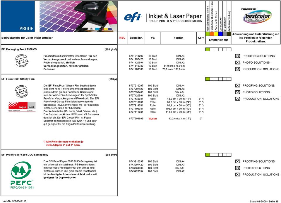 sehr großem Farbraum 6741210297 10 Blatt DIN A4 PROOFING SOLUTIONS 6741297420 10 Blatt DIN A3 6741420594 10 Blatt DIN A2 PHOTO SOLUTIONS 6741540780 10 Blatt 54,0 cm x 78,0 cm 6741780108 10 Blatt 78,0