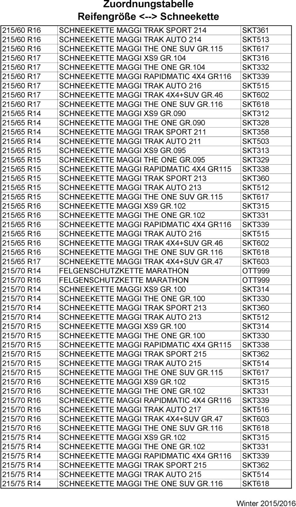 104 SKT332 215/60 R17 SCHNEEKETTE MAGGI RAPIDMATIC 4X4 GR116 SKT339 215/60 R17 SCHNEEKETTE MAGGI TRAK AUTO 216 SKT515 215/60 R17 SCHNEEKETTE MAGGI TRAK 4X4+SUV GR.