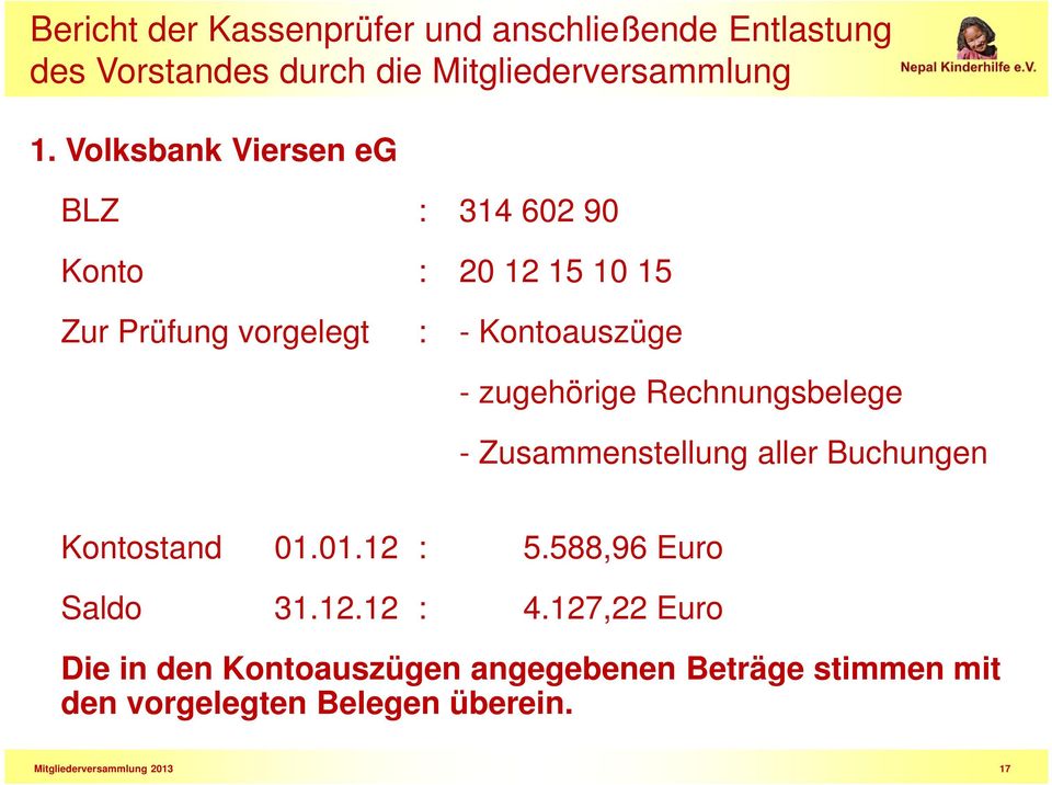 zugehörige Rechnungsbelege - Zusammenstellung aller Buchungen Kontostand 01.01.12 : 5.588,96 Euro Saldo 31.