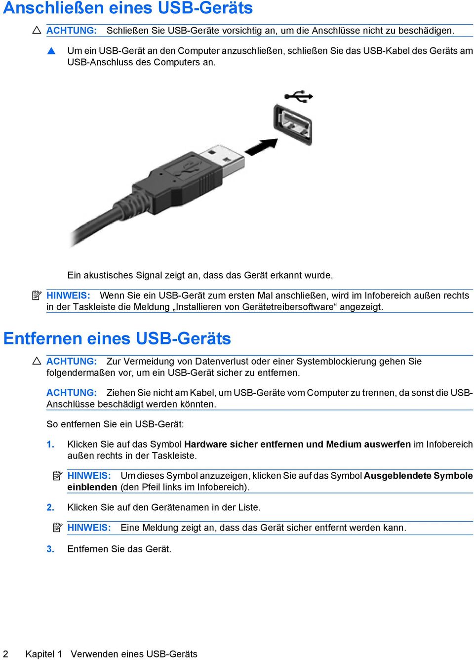 HINWEIS: Wenn Sie ein USB-Gerät zum ersten Mal anschließen, wird im Infobereich außen rechts in der Taskleiste die Meldung Installieren von Gerätetreibersoftware angezeigt.